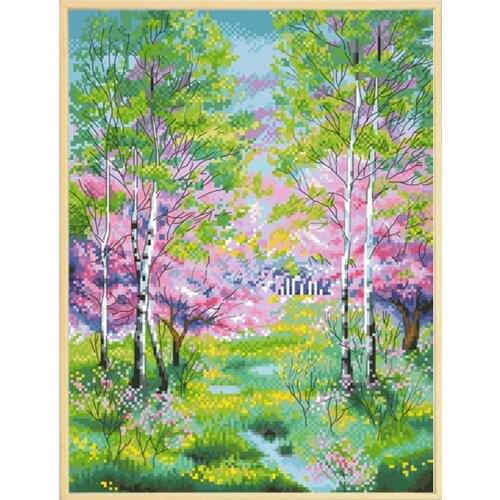 Spring Forest Cross Stitch Kits Pattern Printed Fabric Embroidery Sets 11CT 14CT DIY Sewing Needlework Craft Home Decor Painting