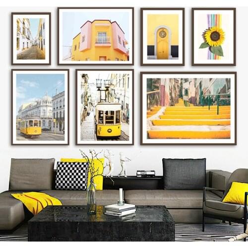 Tramcar Sunflower Street House Step Door Wall Art Canvas Painting Nordic Posters And Prints Wall Pictures For Living Room Decor