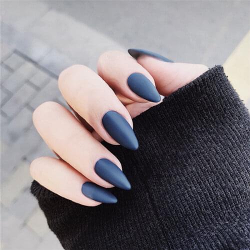 New High Quality Solid Color Full Cover Fake press on Nails Fashion Matte Dark Blue Stiletto Long artificial nails with glue