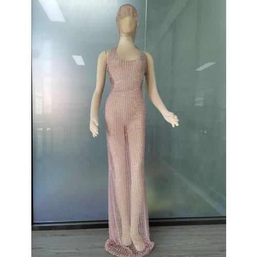 Sexy Transparent Party Rhinestone Dress Women Halter See Through Dress With Gloves Headdress Evening Prom Long Dress Stage Wear