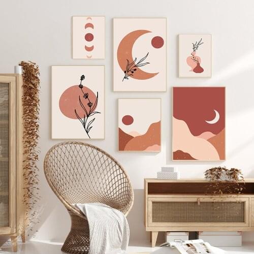 Boho Posters Print Abstract Sun Moon Landscape Canvas Painting Terracotta Mountain Wall Art Pictures Bedroom Nordic Home Decor