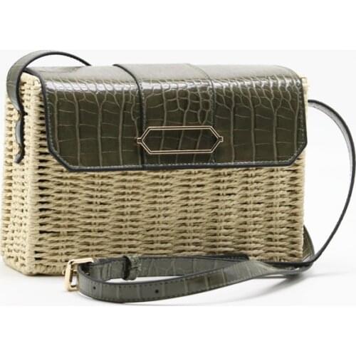 New Rattan Straw Shoulder Bag Female Hand-woven Messenger Bag Beach Square Box Leather Stitching Straw Bag Women Bolsa Feminina