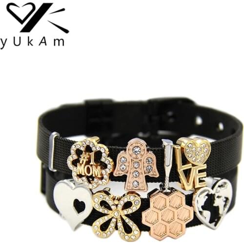 YUKAM Silver Color Mom Guardian Baseball Bat Hollow Love Heart Bowknot World Map Slide Charms Keeper for Bracelet Jewelry Making