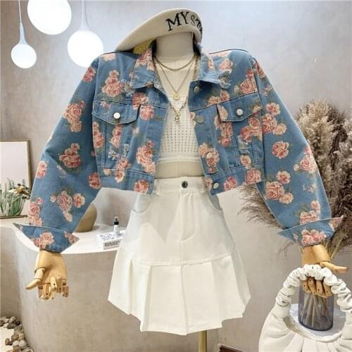Vintage Women Flower Print Hole Denim Outerwear Autumn Single-breasted Long Sleeve Light Blue Jeans Jacket Casual Vetement Femme