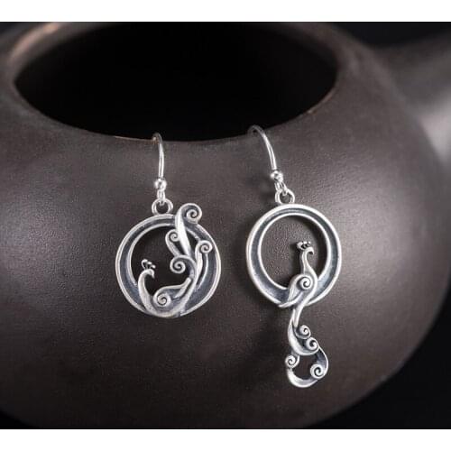 New S925 Sterling Silver Retro National Style Peacock Earrings Womens Personality Fashion Temperament Phoenix Earrings