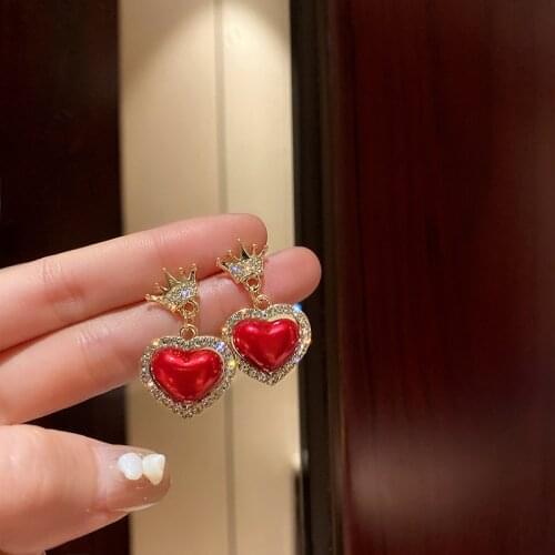 Korean Delicate Rhinestone Double Heart Drop Earrings For Women 2021 New Red White Fashion Jewelry Pendientes Gifts