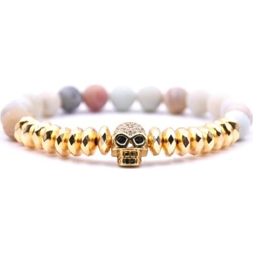 Trendy Natural Stone Luxury Mens Bracelet Disco Skull Mens Charm Bracelet Classic 8mm Stone Bracelet Mens Black Jewelry Gift