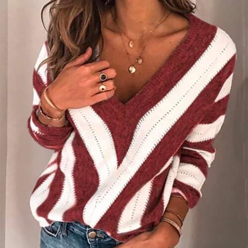 2021 New Sexy V-neck Striped Print Knitted Sweater Women Winter Autumn Sweater Casual Plus Size Long Sleeve Tops Pullover Jumper