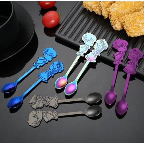 2 PCS 304 Stainless Steel Coffee Spoons Beautiful Couple Spoon Dessert Cute Children Ice Cream Scoops Kitchen Cup Accessories