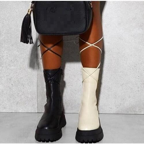 2021 New Martin Boots Round Toe Platform Thick Heel Mid-Calf Boots Motorcycle Platform Botas Cross-tied Sexy Fashion Boots