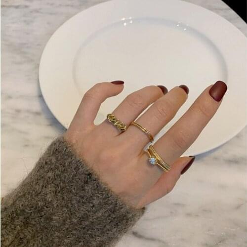 2021 New Korean Fashion Jewelry 14k Gold Plated Twisted Cross Chain Rhinestone Filled Adjustable Gold Ring Sets for Women