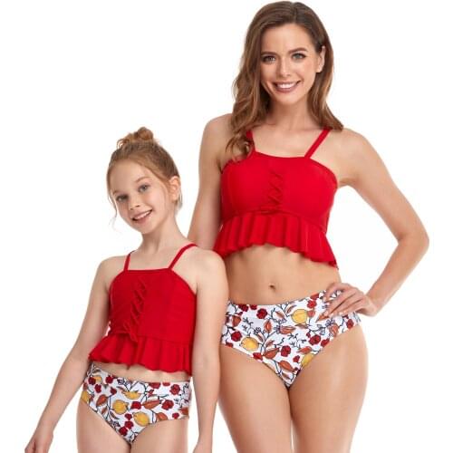 2021 New Fashion Family Matching Swimwear Summer Mother And Daughter Swimwear Bikini Bathing Suit Mom Kids High Waist Swimsuit