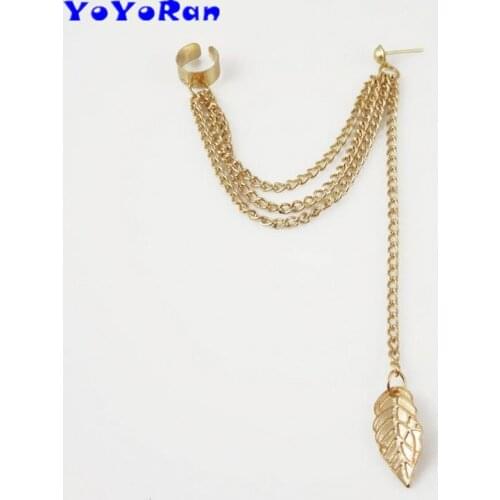 YOYORan 1pc leaf multi layers chain tassel bead stud clip earrings for woman metal Gothic punk single feather earring jewelry