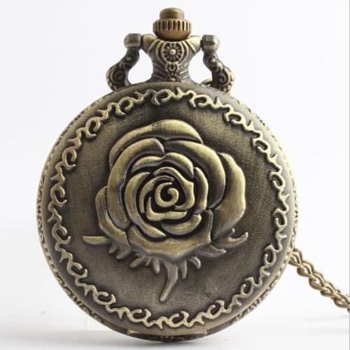 50pcs/lot Retro Bronze Rose Flower Quartz Pocket Watches Necklace Flip Pendant Gift Watches Wholesale