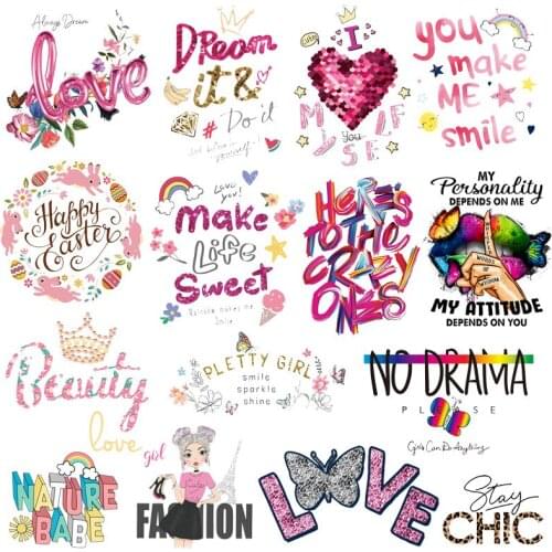 DIY Letters Applique For Shirt Heat Transfer Vinyl Washable Sticker Stripes On Clothes Flowers/Beautiful Iron On Transfer Patch