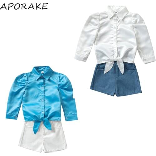 2021 0-5Y Kids Baby Girl Clothing Tie-up Button-down Solid Color Long Sleeve Lapel Shirt+Denim Shorts Fashion Spring Autumn 2pcs