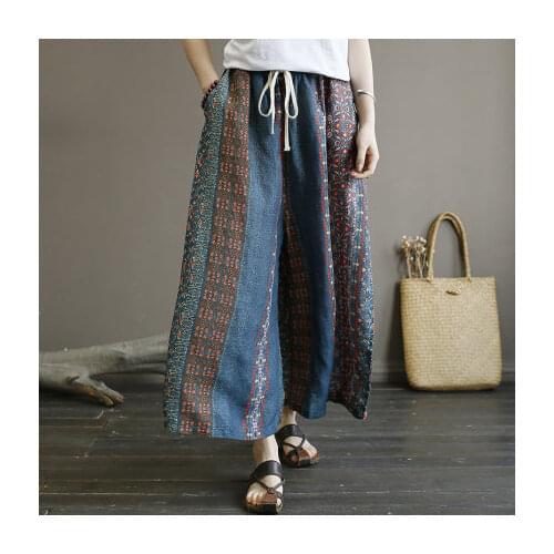 Cotton Linen Wide Leg Pants Loose Vintage Print Hit Color Elastic Mid Waist Pants Women Plus Size Baggy Pockets Trousers