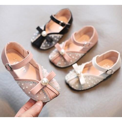 Spring Autumn Girls Shoes Pearls Princess Shoes Children Bling Mary Janes Shoes Kids Flats Dancing Show Wedding White Crystal