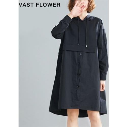 Plus Size Cotton Women Dress Long Sleeve Hooded Loose Casual Clothes Patchwork Fashion Elegant Ladies Dresses 2021 Spring Autumn