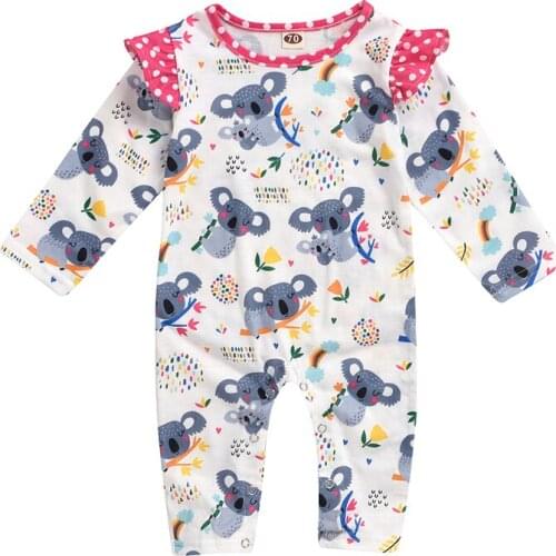 Baby Girl’s Long Sleeve Jumpsuit Cartoon Koala Pattern Stitching Round Neck One Piece Long Pants