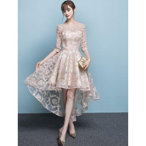 7277 scoop-neck half sleeves natural above-knee lace homecoming dresses/gowns short front long back skirt zipper free shipping