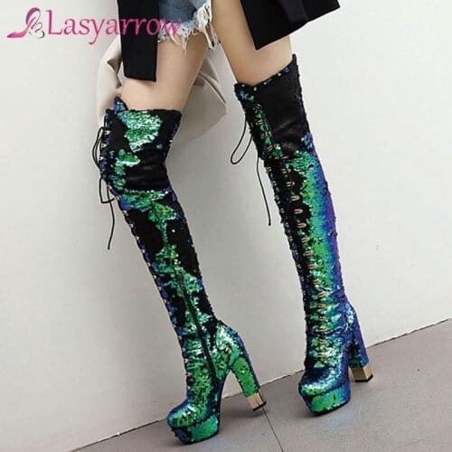 Lasyarrow Sequined Boots Platform Bling Bling Over The Knee Boots Side Zipper Straight Boots Stage Shoes Ultra High Heel Silver