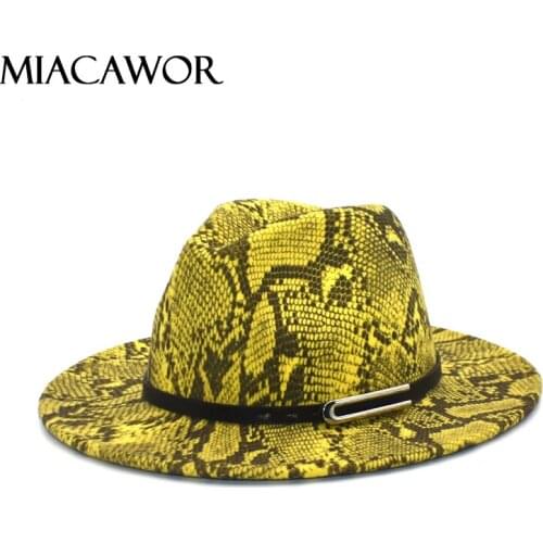 MIACAWOR Autumn Winter Snake Pattern Jazz Fedora Hats Wool Felt Cap Wide Brim Chapeu Panama Hat For Men Women Hat F102