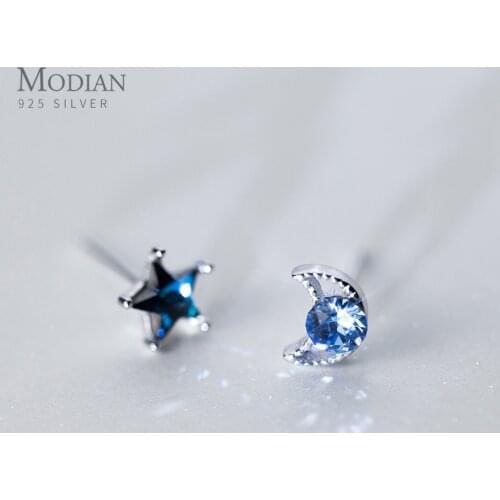 Modian Sparkling Trendy Blue Crystal Stars Moon Stone Stud Earrings Charm 925 Sterling Silver Luxury Female Jewelry Gift Brincos