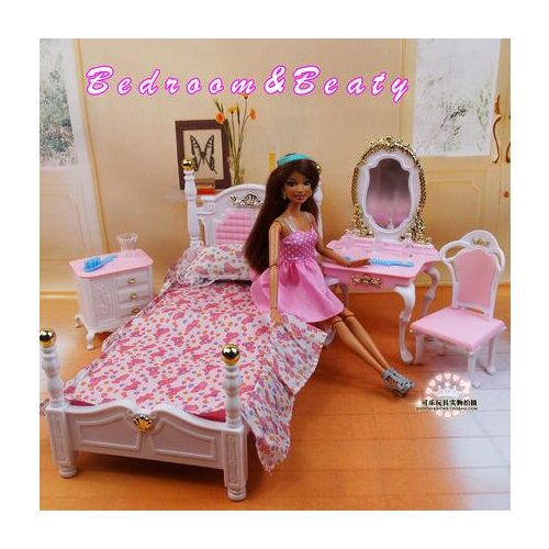 For barbie bed Bedroom Furniture accessories set Princess bed dressing table cabinet Dollhouse Bedroom Furniture
