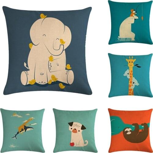 Cartoon Animal Throw Pillow Cover Children Gift Cute Dog Elephant Panda Pillowcase Cotton Linen Originality Giraffe Cushion