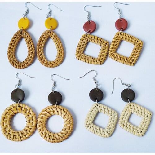 New Fashion Hot Sale Jewelry Rattan Weaving Clay Leather Geometric Statement Textured Handmade Long Drop Gift Earrings For Women