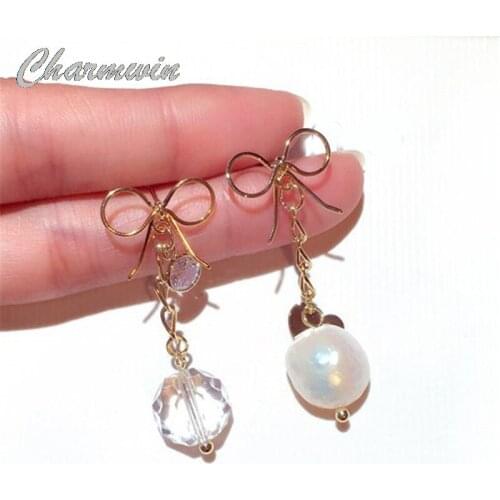 New Fashion Dangle Earrings Long Earrings Rhinestone Imitation Pearl Bowknot Crystal Earrings Fashion Jewelry