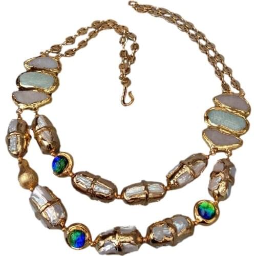 YYGEM 2 Strands Amazonite Druzy Cultured Freshwater Biwa Pearl Murano Glass Gold plated Chain Necklace 21"