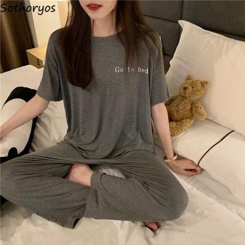 Pajama Sets Women Summer Long-length Loose Letter Printed Homewear Casual Students Trendy Simple Womens 2pcs Pyjamas Kawaii New