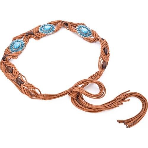 National Style Women belts Hand-woven Belt Wooden Beads Weaving Knotted Tassels woman Waist Chain Bohemia Female Ceinture Femme