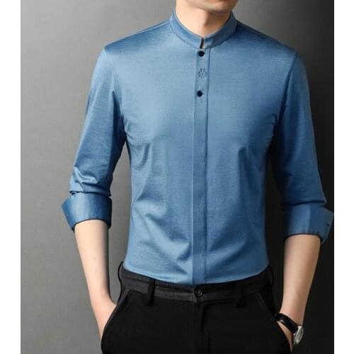 Top Quality Mandarin Collar Blue Classic Silk Shirts For Mens Green Pueple Elegant Wedding Shirts Gentleman Work Big Size Blouse