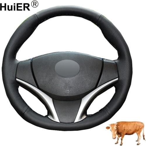 Hand Sewing Car Steering Wheel Cover Top Layer Cow Leather Braid on the Steering wheel For Toyota Vios 2014 2015 2016 Volant