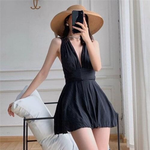 Sexy Deep V Swimsuit Solid Swimdress Push Up Padded Swimwear Bandage One Piece Bathing Suit Summer Holiday Beach Wear Black