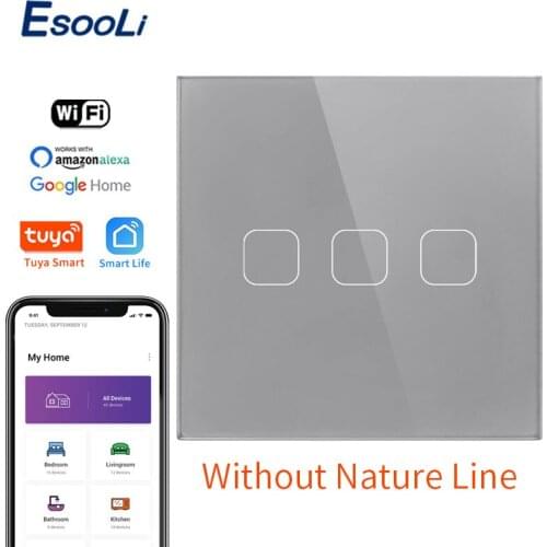 EsooLi Glass Panel 3 Gang EU&UK Universal Smart Home Phone Tuya Control Wireless Work with Alexa,Google Home Single Fire Line