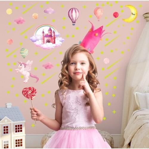 Luminous fantasy castle unicorn cartoon wall stickers stars meteor fluorescent stickers childrens room decoration stickers