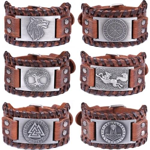 Skyrim Talisman Genuine Leather Bracelet Men Compass Tree of Life Valknut Wolf Head Charm Male Wristband Amulet Viking Bracelets
