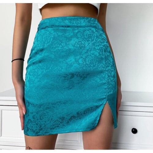 HGTE Split Side Skirts High Waist Slim Pencil Mini Skirt Women Casual Elegant Vintage Blue Summer Female Skirt