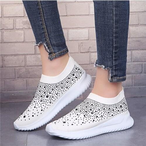 Rhinestone white pink mesh shoes Women Flats Shoes Breathable Mesh Casual Shoes Woman Lightweight Autumn Loafer Shoes size 43