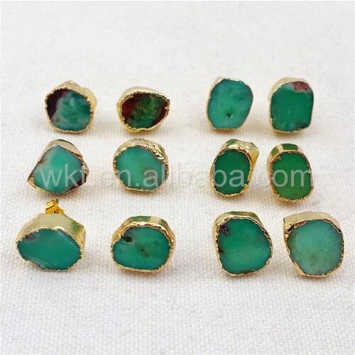 WT-E263 Irregular shape Australia chrysoprase stone studs ,Boho 10mm wholesale 10pcs gold trim stone studs gift for her