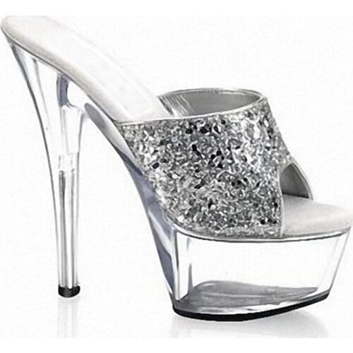 Promotion Full Clear Platforms Fashion Womens Slippers 15cm Super High Heel Shoes 6 Inch Silver Glitter Sandals