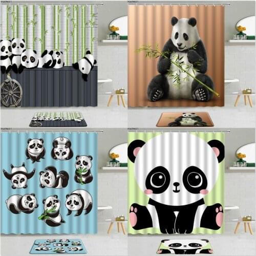 2Pcs Cartoon Animal Cute Panda Shower Curtain Green Bamboo Funny Pattern Non-Slip Bath Mat Decor Bathroom Hanging Curtains Set
