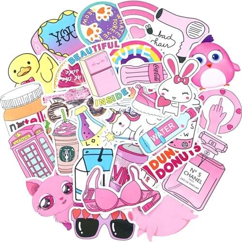 50Pcs PVC Waterproof Girls Kawaii Pink Fun Sticker Toys Luggage Stickers for Motor Car Laptop & Fashion Suitcase Decals Stickers