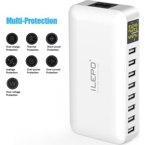 8 Port USB Charger LCD Display Charging Stations for Multiple Devices Desktop Wall Charger for Laptops Tablets and Phones