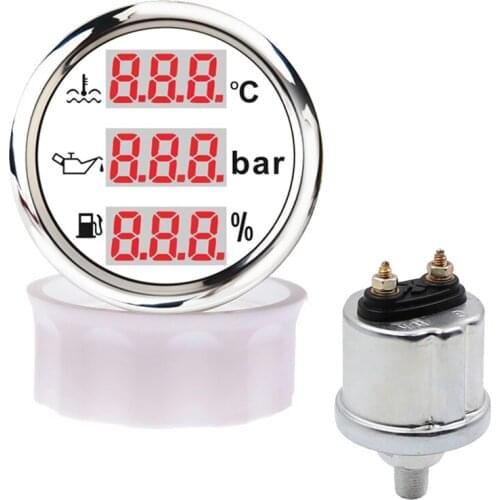 3 In 1 Digital Water Temperature Meter 0-10 Bar Oil Pressure Gauge With NPT-1/8 M10x1 Sending Unit Fuel Level Gauge Voltmeter