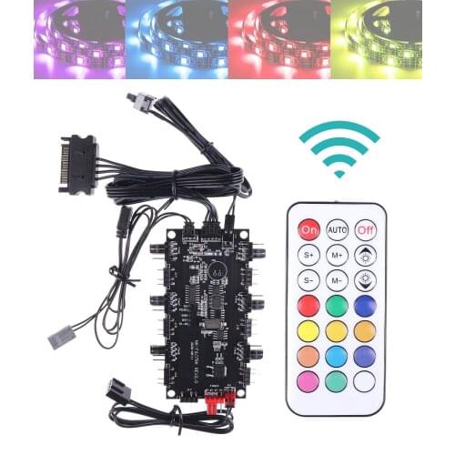 RGB 1 to 6 Fan Hub PWM Speed Controller 2 In 1 5V 3Pin ARGB + 4PIN PWM With RF Remote Splitter SATA Power Supply For PC